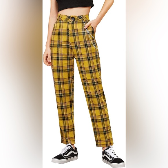 Hot Topic Yellow Plaid Pants Large Trousers Stretch Womens Punk Goth Clueless - Picture 4 of 4